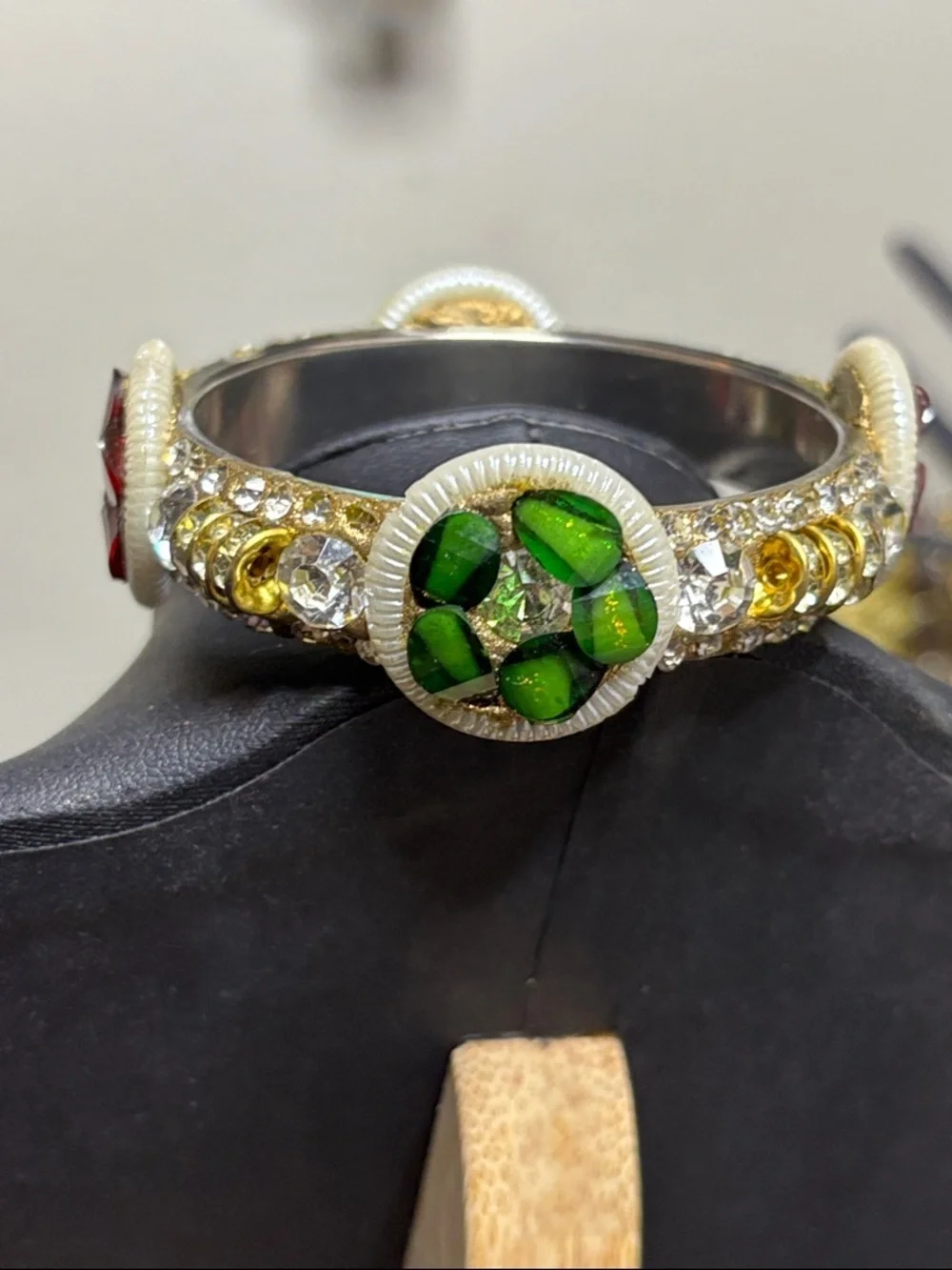 Indian Rhinestone Floral Gild Silver Tone Bangle Bracelet
